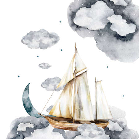 Ship watercolor.ship.childrens dreams.dream.clouds, underwater world.Adventure.watercolor set of postcardsの写真素材