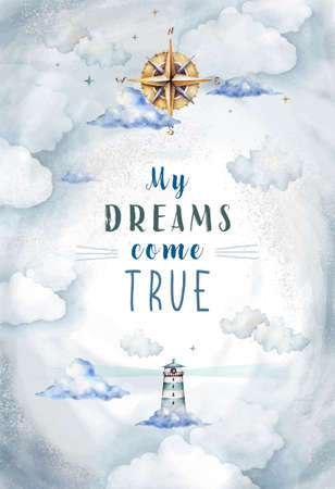 greeting card, watercolor, dreams, lighthouse, compass, clouds, follow your dream, motivation, fly in the clouds, watercolor clipartの写真素材