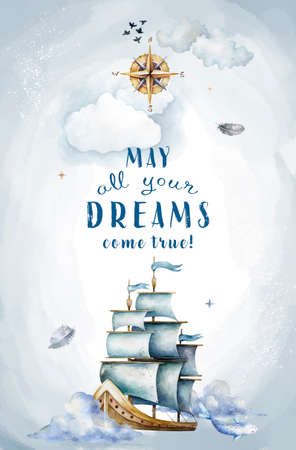 Ship watercolor.ship.childrens dreams.dream.clouds, underwater world.Adventure.watercolor set of postcardsの写真素材