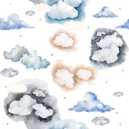 watercolor clouds with stars in pastel colors, seamless pattern on a white background, Vintage watercolor setの写真素材
