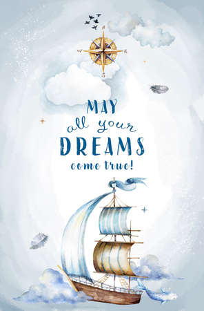 Ship watercolor.ship.childrens dreams.dream.clouds, underwater world.Adventure.watercolor set of postcardsの写真素材