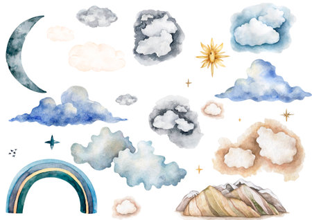 Watercolor set of clouds isolated on white background. celestial bodies, sun, stars, rainbow, mountains in pastel colors in vintage styleの写真素材