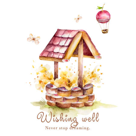 Watercolor magic well, esoteric, magic, wish fulfillment, summer. Hot air alloons and butterflies. Sweet Dreams. Holiday watercolor set. Sweet set from childhood illustrationの写真素材