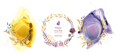 Watercolor floral frame for text. Watercolor splashes, ink art. Summer frames in purple colors. Botanical illustration, flowers, golden twigs. Trends, isolated shapesの写真素材
