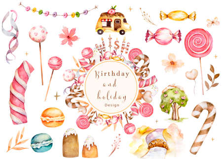 Sweet land watercolor illustration isolated on white background, wonderland. Delicious castle, ice cream machine, caramel tree, sweets and desserts. Sweet dream. Clipart on a white backgroundの写真素材