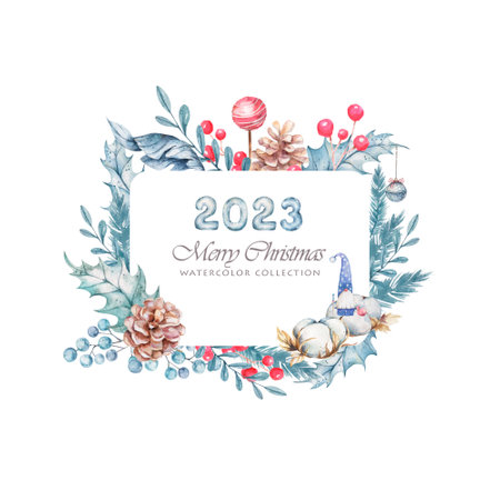 Merry Christmas watercolor illustration, frame for text. New Years wreath. Winter greeting illustration isolated on white background.の写真素材