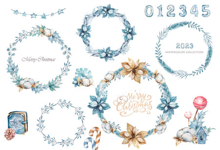 Merry Christmas watercolor illustration, frame for text. New Years wreath. Winter greeting illustration. Numbers, holiday set isolated on white backgroundの写真素材