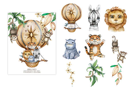 African animals on hot air balloon watercolor, monkeys, tiger, zebra, lion, hippo in a balloon, fun holidays, jungle, childrens summer, greeting card, watercolor in pastel colorsの写真素材