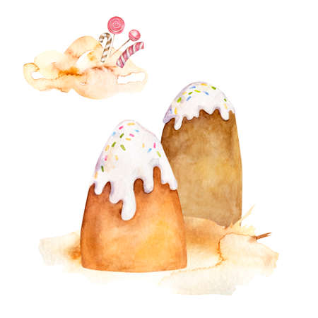 Watercolor mountains, pies, cakes. Sweets, candies and clouds. Clipart on a white backgroundの写真素材