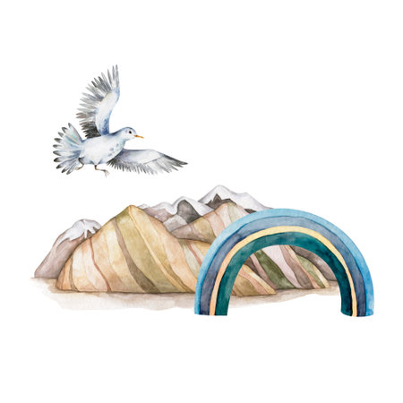 Seashore watercolor illustration. Mountains, rainbow, seagull. A flying bird over the sea. Clipart on a white backgroundの写真素材