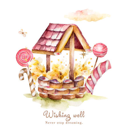 Watercolor magic well, esoteric, magic, wish fulfillment, summer. Hot air alloons and butterflies. Sweet Dreams. Holiday watercolor set. Sweet set from childhood illustrationの写真素材