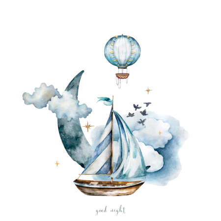 Ship with hot air balloon in the clouds under the moon and birds watercolor illustration. Good night print for wallpaper. Follow your dreamの写真素材