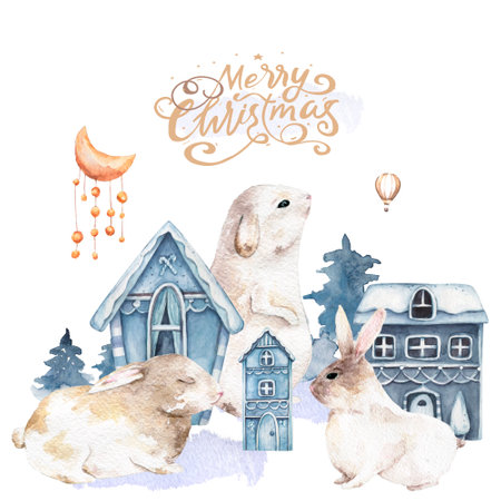 Bunnies in the winter city under the moon watercolor illustration for card. Merry christmas and new year lettering. Winter night landscape. Rabbits symbol of the new yearの写真素材