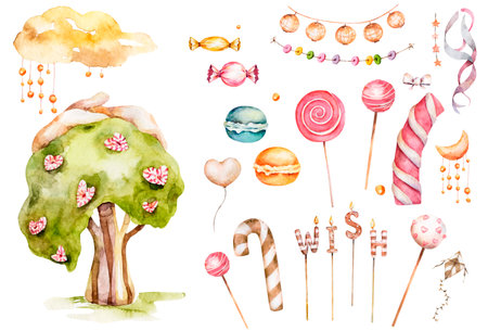 Sweet land watercolor illustration isolated on white background, wonderland. Delicious castle, ice cream machine, caramel tree, sweets and desserts. Sweet dream. Clipart on a white backgroundの写真素材