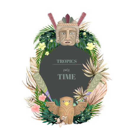 Hawaiian party frame for text. Totems and tropical plants, flowers watercolor illustrationの写真素材