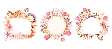 Candy frame for watercolor text. Birthday and holidays. Borders for text. Candies, lollipops and rainbow isolated on white backgroundの写真素材