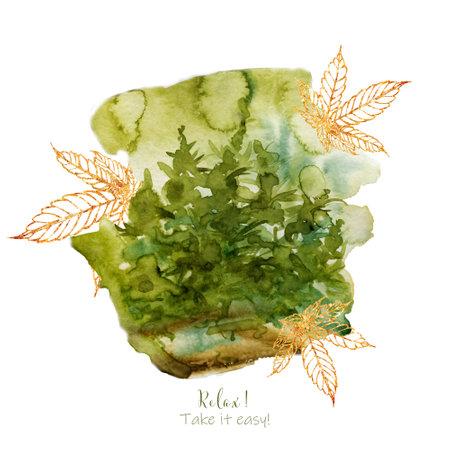 Ganji field watercolor illustration. Hemp harvest. Golden marijuana leaves, growth, botanical clipart isolated on white background Medical marijuanaの写真素材