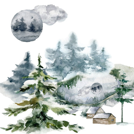 Autumn forest watercolor. Forest illustration. Pines, owl, hare and magpie. Autumn edge and animal clipart on white backgroundの写真素材