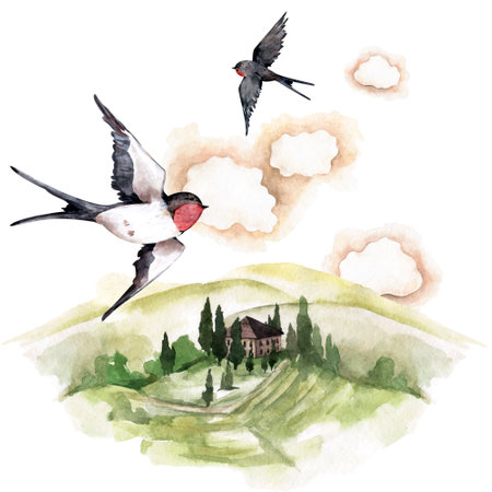 Watercolor greeting card template. Swallows spring landscapeの写真素材