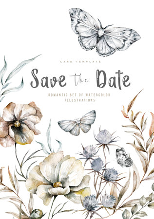 Watercolor butterflies and flowers spring greeting card. Rectangular template with natural motifsの写真素材