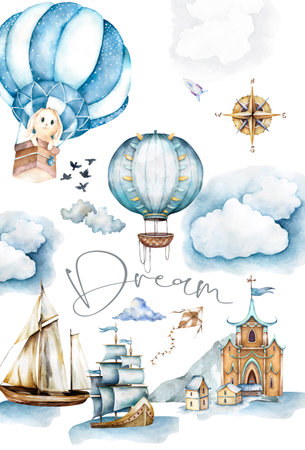 Bunny flies in a hot air balloon watercolor. Castle and ships, fairy tale story, greeting card templateの写真素材