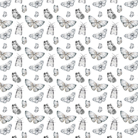 Black and white butterflies and floral seamless pattern. Watercolor botanical textureの写真素材