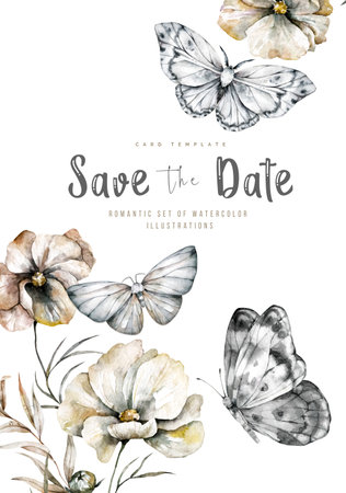 Flowers and butterflies template for greeting card. Watercolor cornflowers, summer bouquetの写真素材