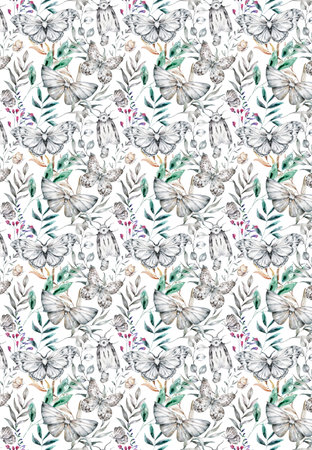 Black and white butterflies and floral seamless pattern. Watercolor botanical textureの写真素材