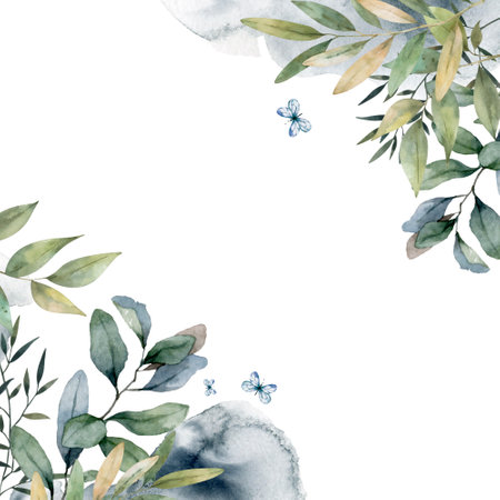 Watercolor delicate spring flowers botanical collection. Flowers, twigs, plants in pastel colors.の写真素材