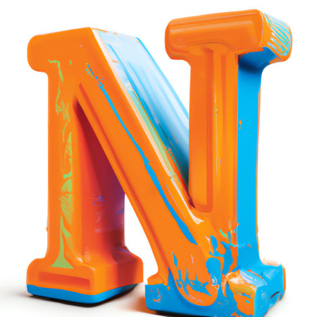 Orange and blue paint letter N isolated on white background. 3d renderingの素材