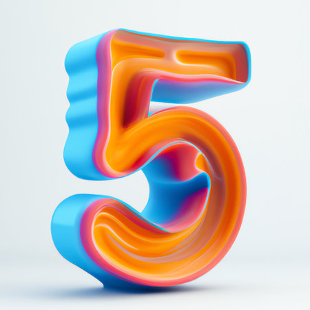 3d number 5. 3D rendering font with vibrant colors isolated on white background.の素材