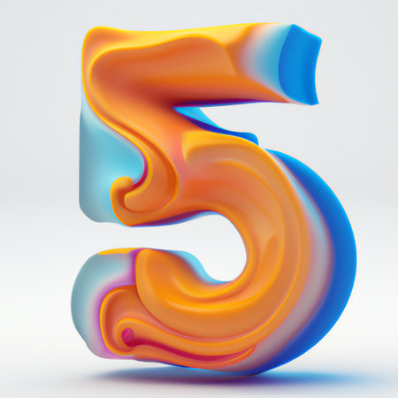 3d number 5. 3D render font with colorful liquid texture isolated on white background.の素材