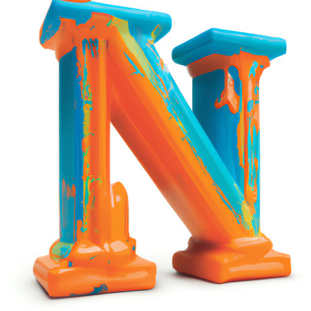 Plastic sculptural uppercase letter N filled with blue and orange paint on white backgroundの素材