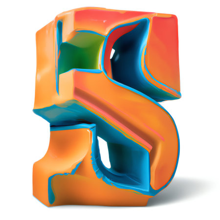 Orange and blue plastic font Letter S 3D render illustration isolated on white backgroundの素材
