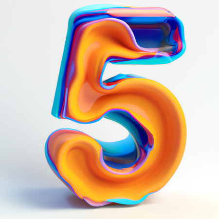 3d number 5. 3d render transparent font with vibrant colors.の素材