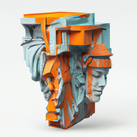 abstract sculptural column detail with a carved female head in an orange and grey concrete on a white backgroundの素材
