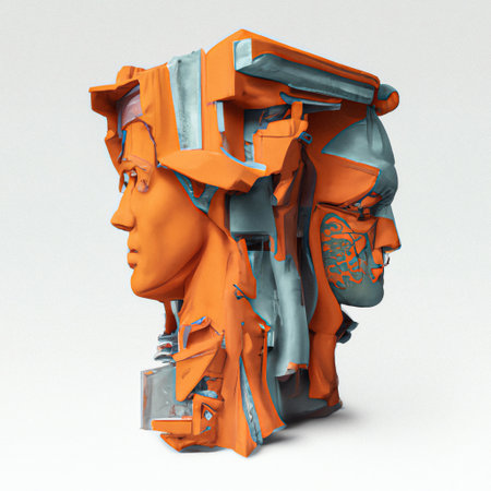 abstract sculptural column detail with a carved female head in an orange and grey concrete on a white backgroundの素材