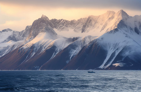 Beautiful view of the mountains and the sea at sunset in Antarcticaの素材