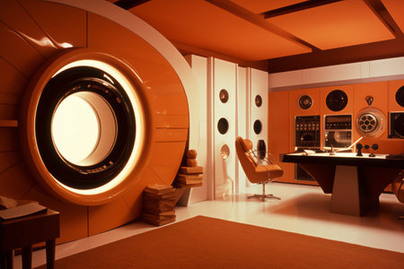 3D rendering of a futuristic interior in orange tones. 3D rendering.の素材