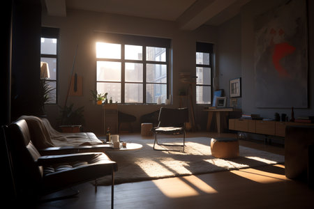 Interior of a living room with a sofa and a chair. with low sunlightの素材