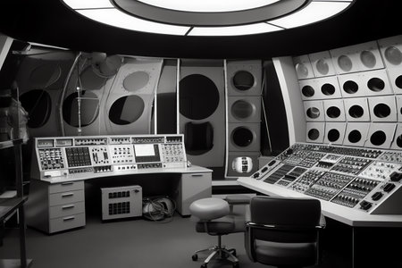 3D rendering of an old school control room, Black and white.の素材