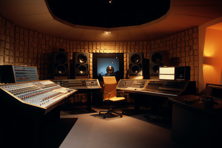 Interior of a recording studio with dimmed mood lightingの素材