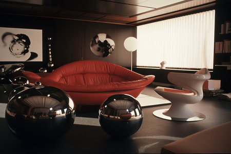 Interior of modern living room with red leather sofa and black armchairの素材