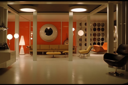 Interior of a modern living room - 70s futuristic inspired. 3d renderの素材