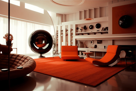 Interior of modern living room with red sofa and orange armchairの素材