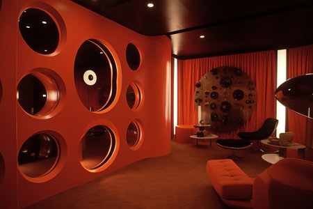Interior of a modern living room with red walls and orange ceilingの素材