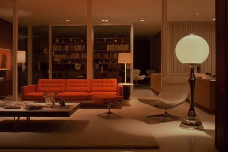 Interior of a modern living room with red sofa and bookshelfの素材