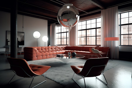 Interior of modern cafe with red sofa and armchairs. 3d renderingの素材