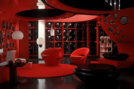 3d render of modern interior design with red chairsの素材