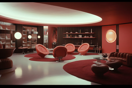 3d rendering of a modern coffee shop with red leather armchairsの素材